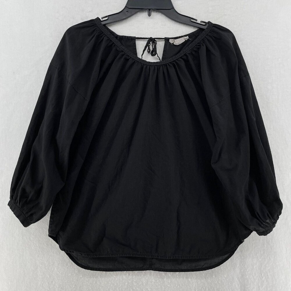 Everlane Tops Women's Sz 0 Black Ruched Tie Boatneck 3/4 Puff Sleeves Curved Hem